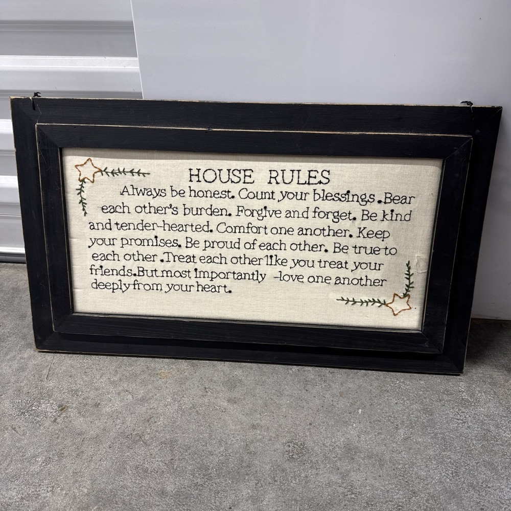 HOME Decor Framed House Rules Hand Embroidery Crewel‎ Family Love Respect Rustic